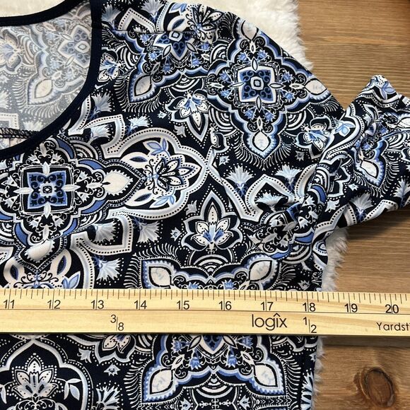 PerSeption Womens Blue Floral Print Tunic Top Blouse Size Medium Roll Tab Sleeve - Picture 9 of 10